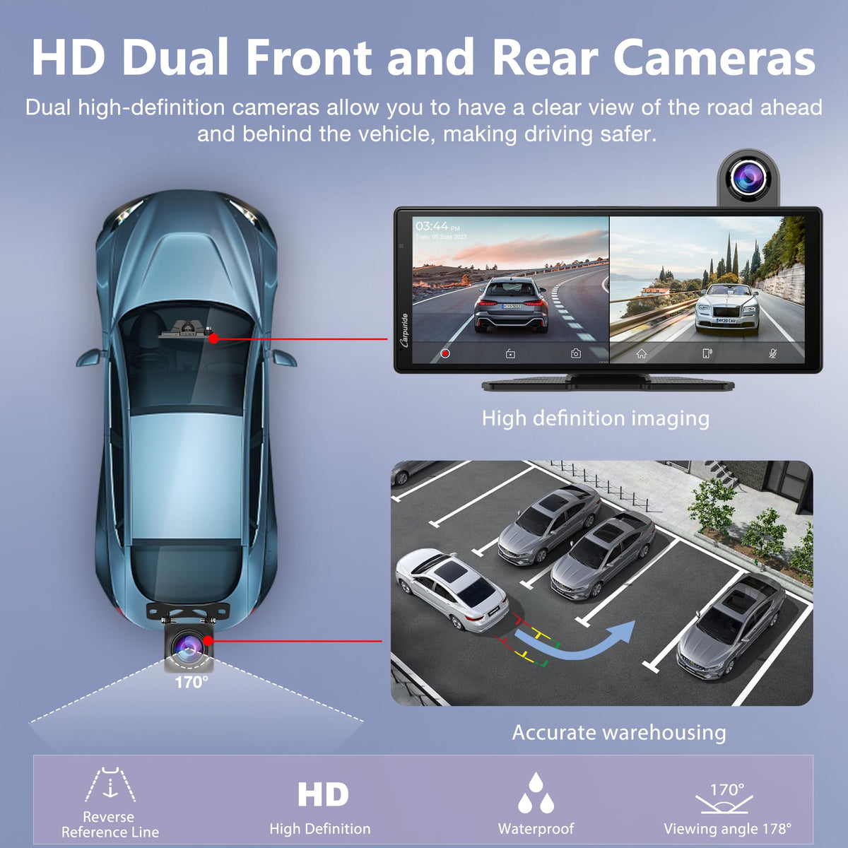 CARPURIDE Wireless On-Dash-Monitoring CarPlay Android Auto Dash Cam 10.26" DEMO