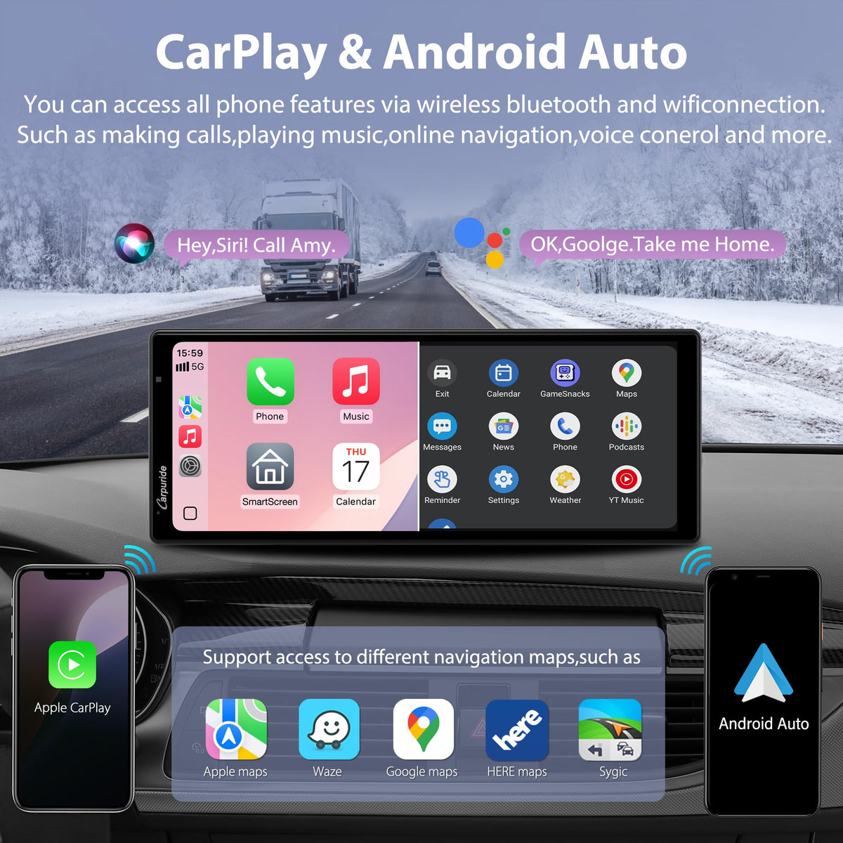 CARPURIDE Wireless On-Dash-Monitoring CarPlay Android Auto Dash Cam 10.26" DEMO