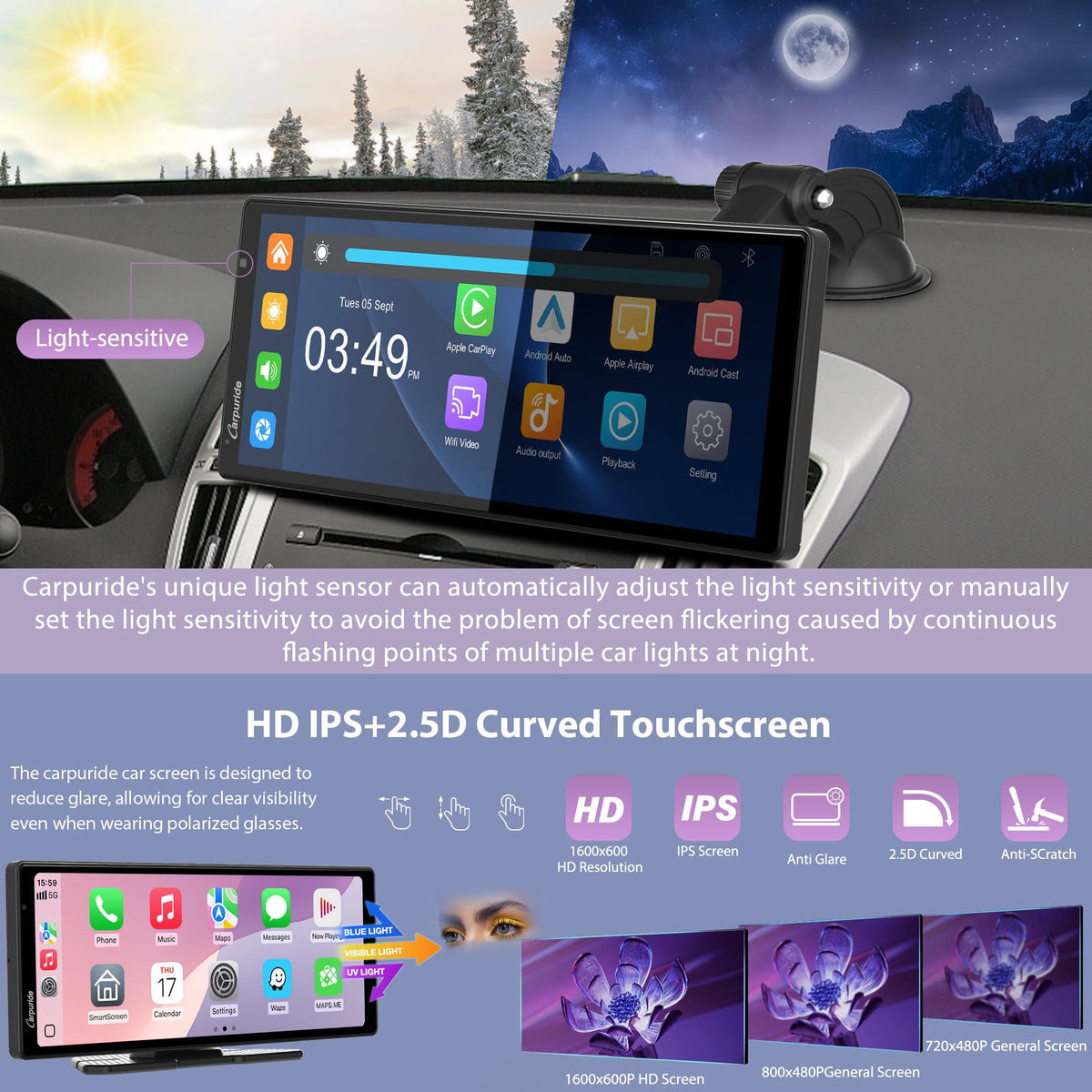 CARPURIDE Wireless On-Dash-Monitoring CarPlay Android Auto Dash Cam 10.26" DEMO