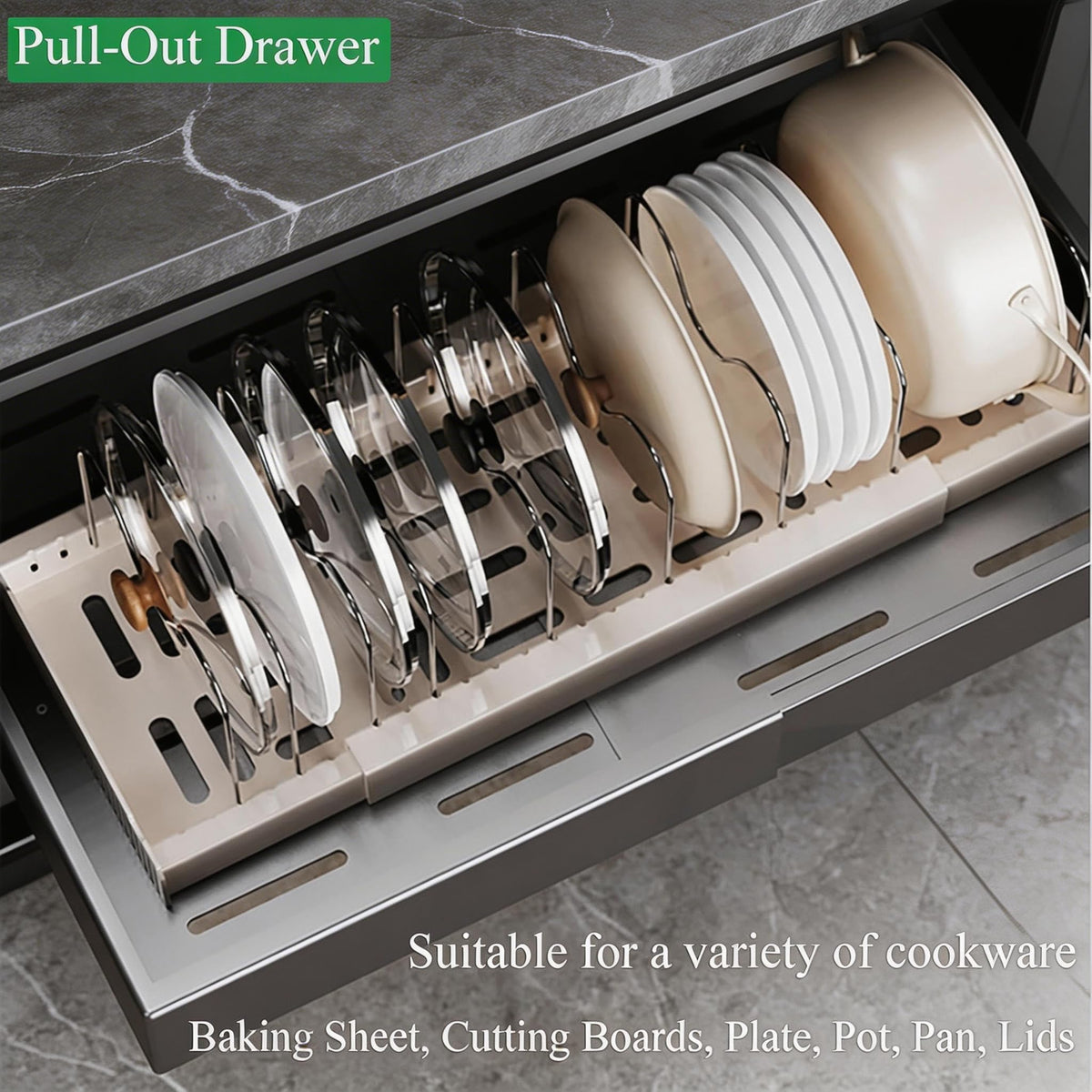 SESLEL White Expandable Pots and Pans Organizer Rack Storage NEW