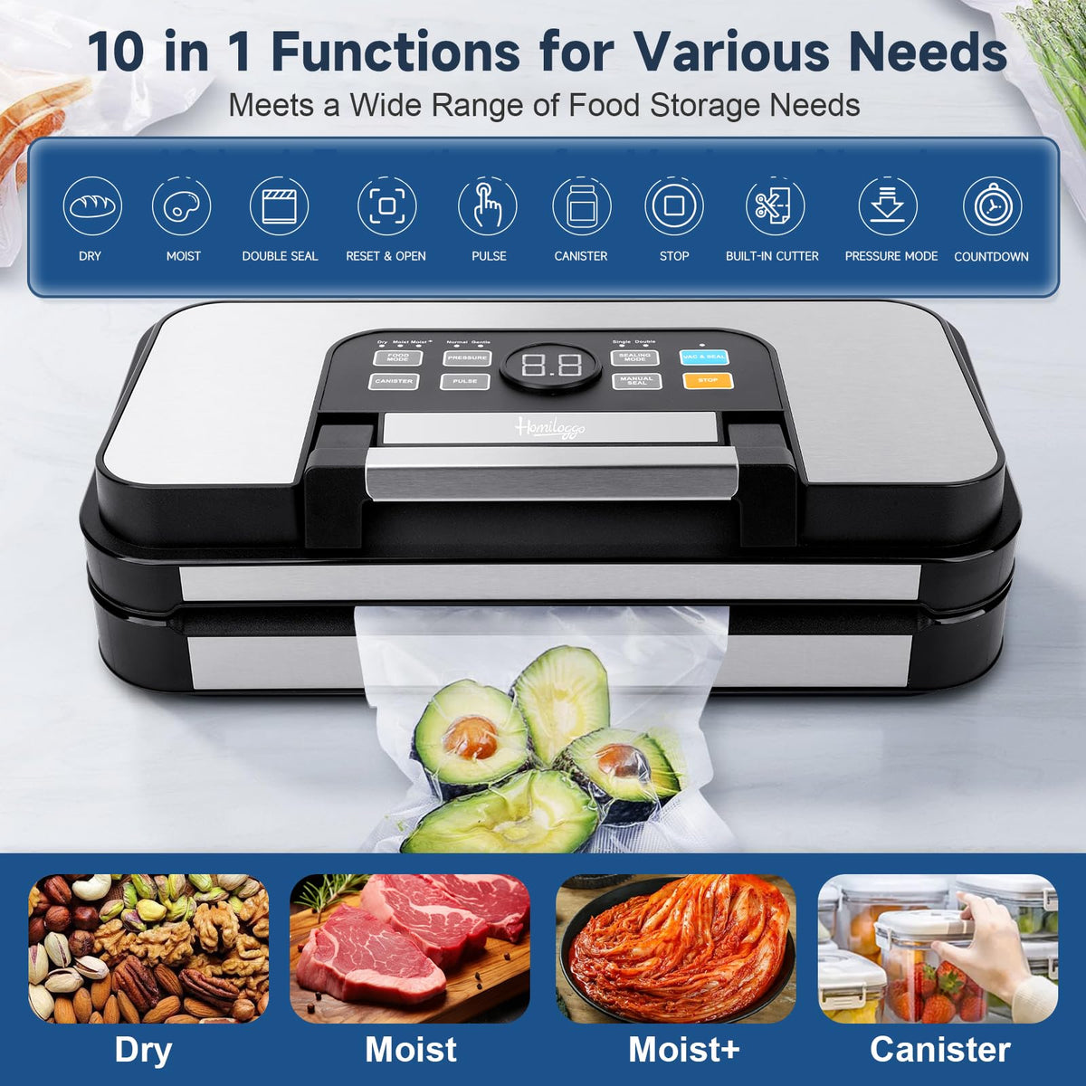 Homiloggo Automatic Vacuum Sealer Machine Food Preservation Silver DEMO
