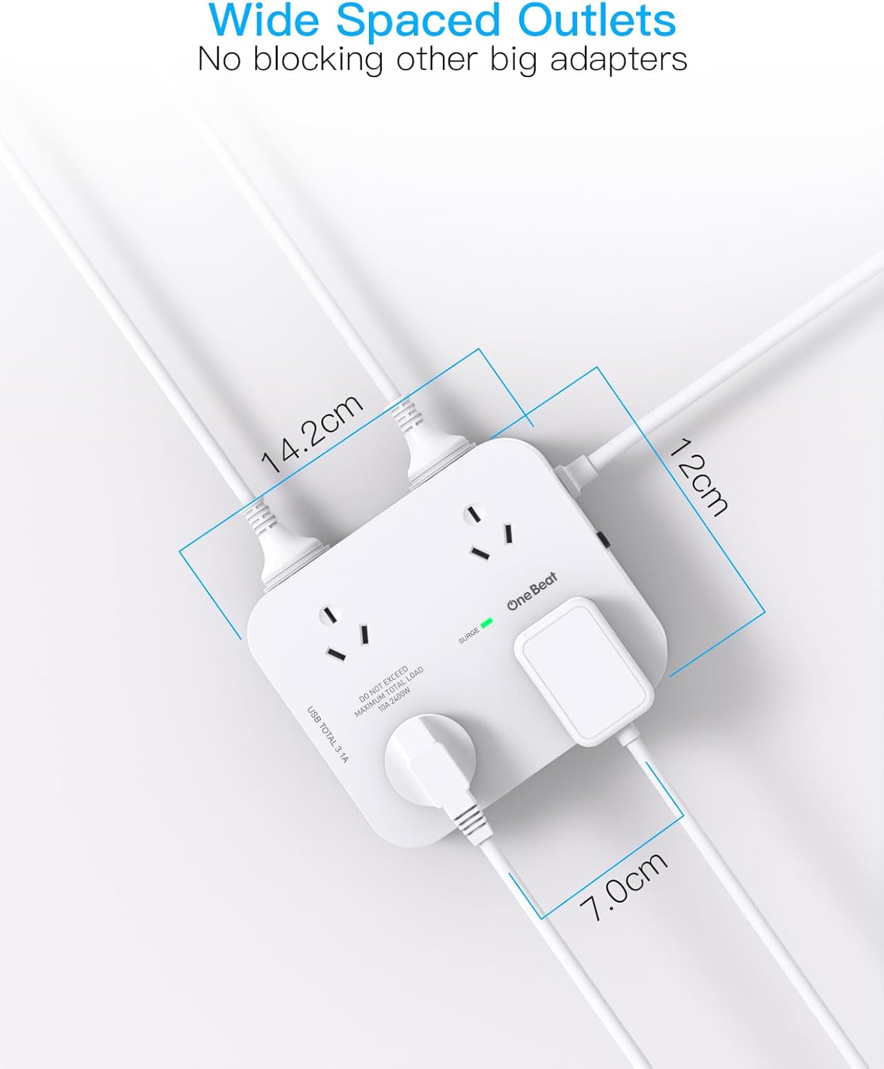 One Beat Power Strip Surge Protected 8 Outlets 4 USB Charging Ports Size DEMO