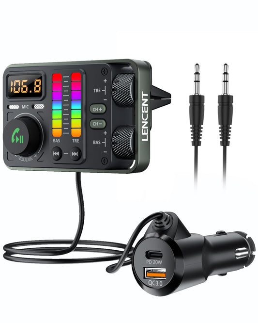 LENCENT Bluetooth 5.3 Car FM Transmitter Hi-Fi Treble Bass Music Player NEW