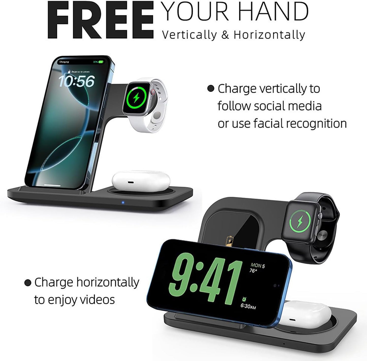 3-in-1 Wireless Charging Station Foldable 15W Fast Charger Stand Black NEW