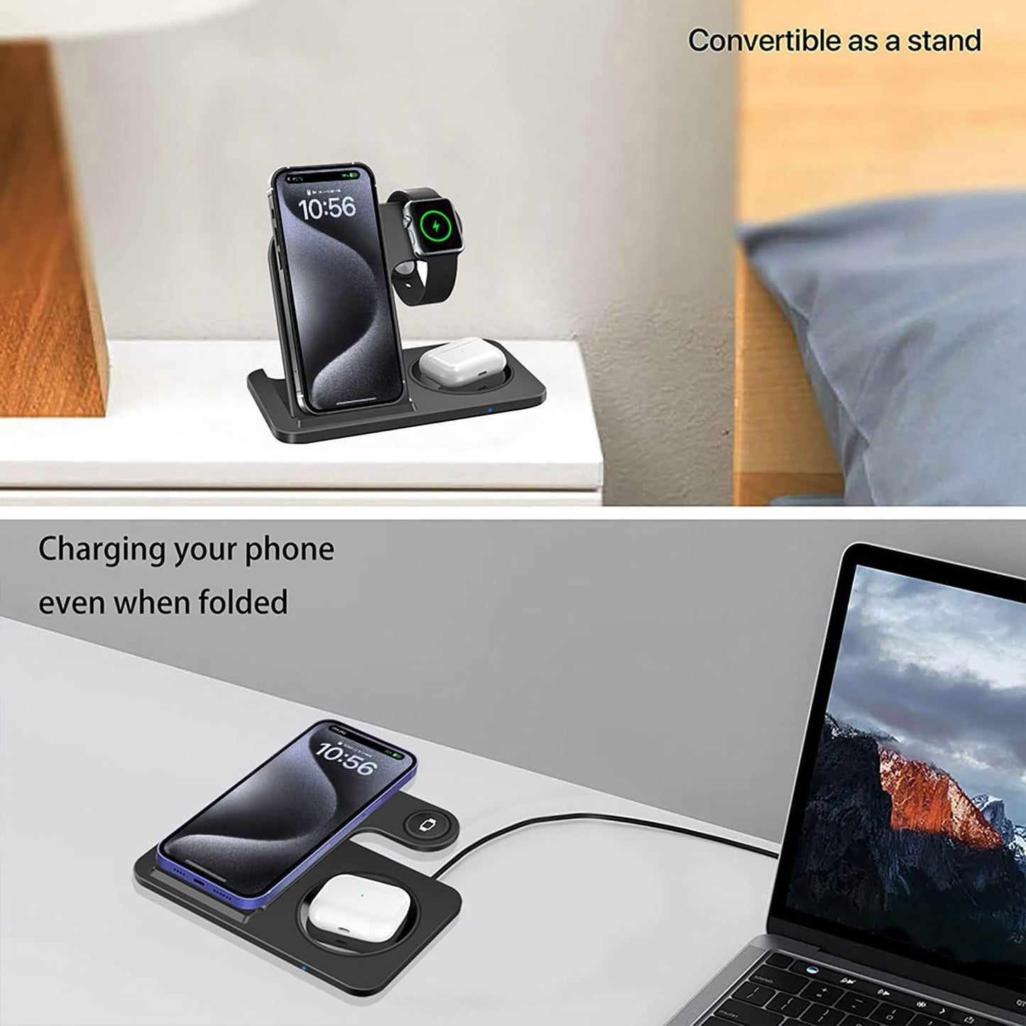 3-in-1 Wireless Charging Station Foldable 15W Fast Charger Stand Black NEW