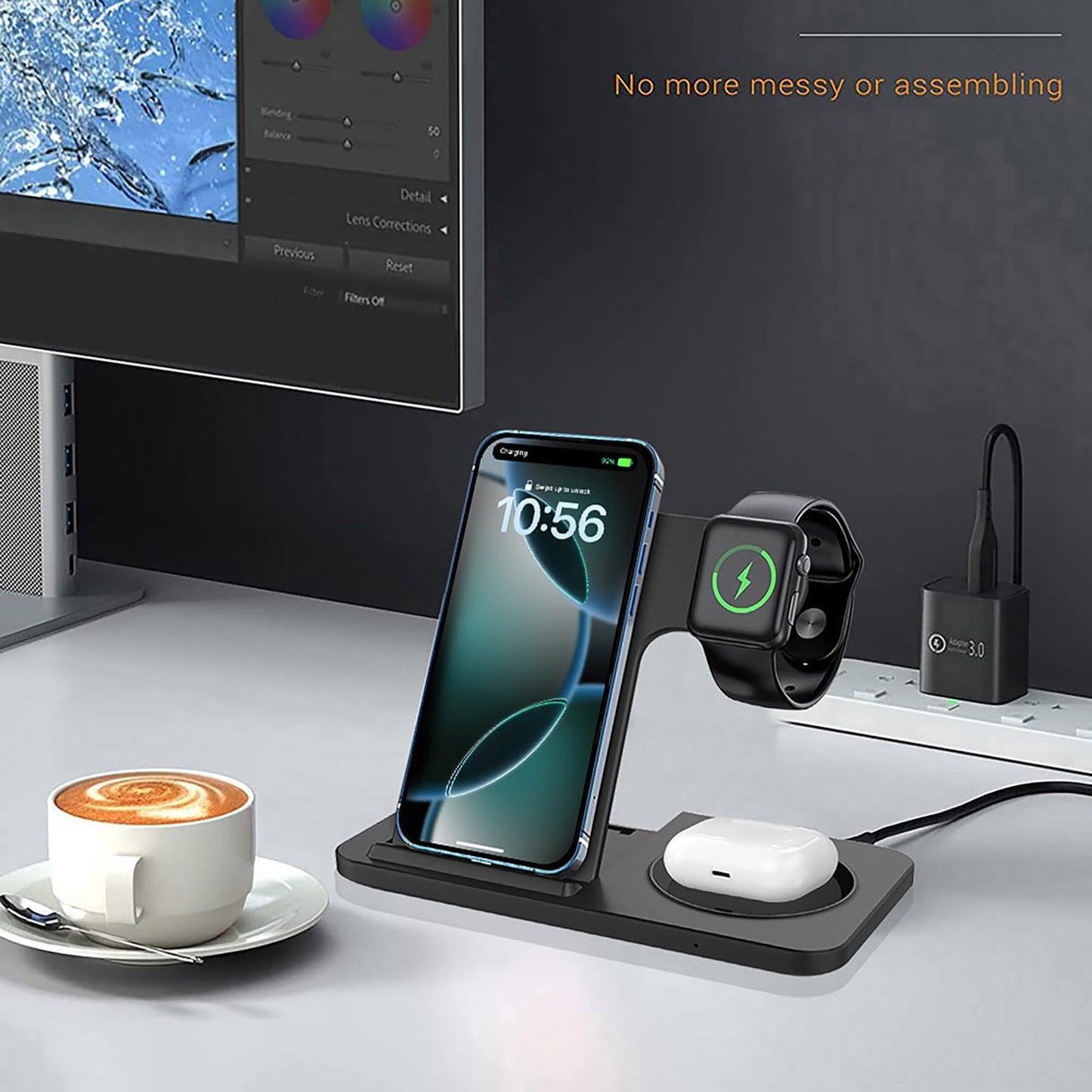 3-in-1 Wireless Charging Station Foldable 15W Fast Charger Stand Black NEW