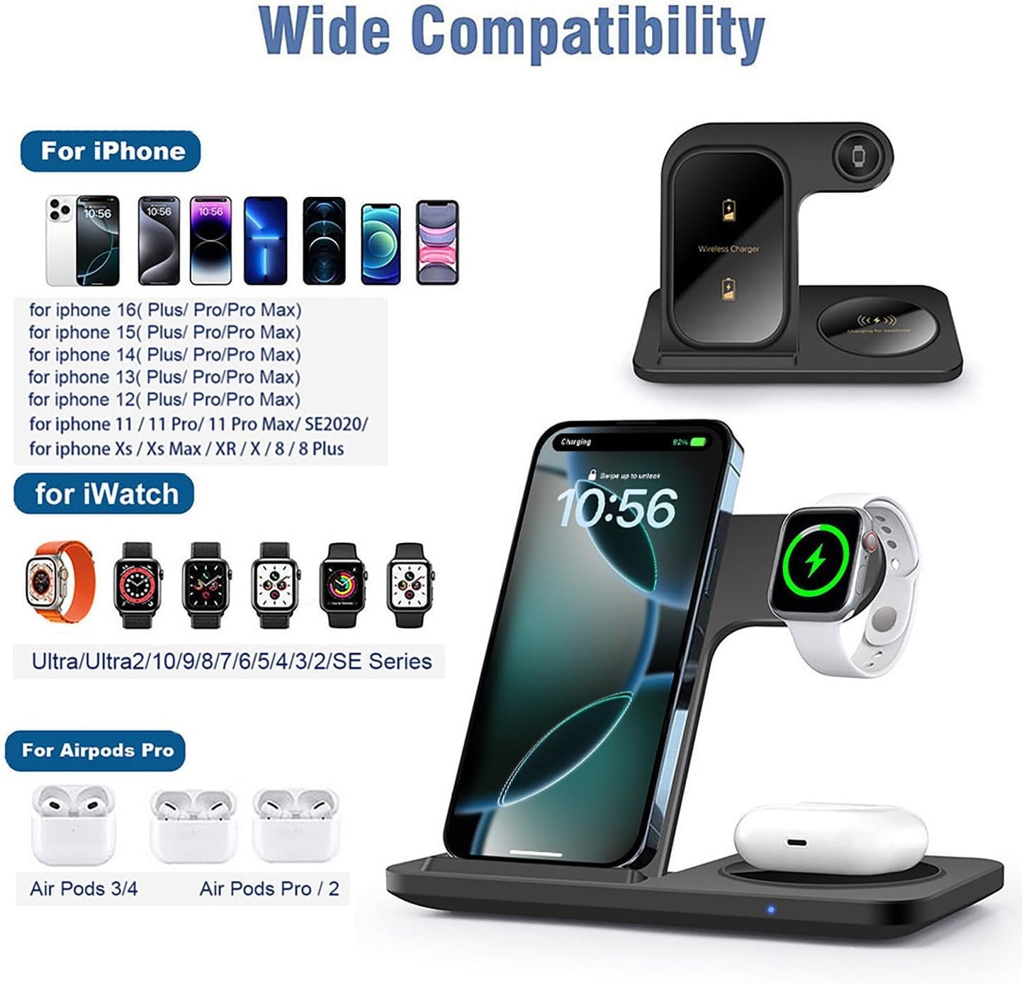 3-in-1 Wireless Charging Station Foldable 15W Fast Charger Stand Black NEW