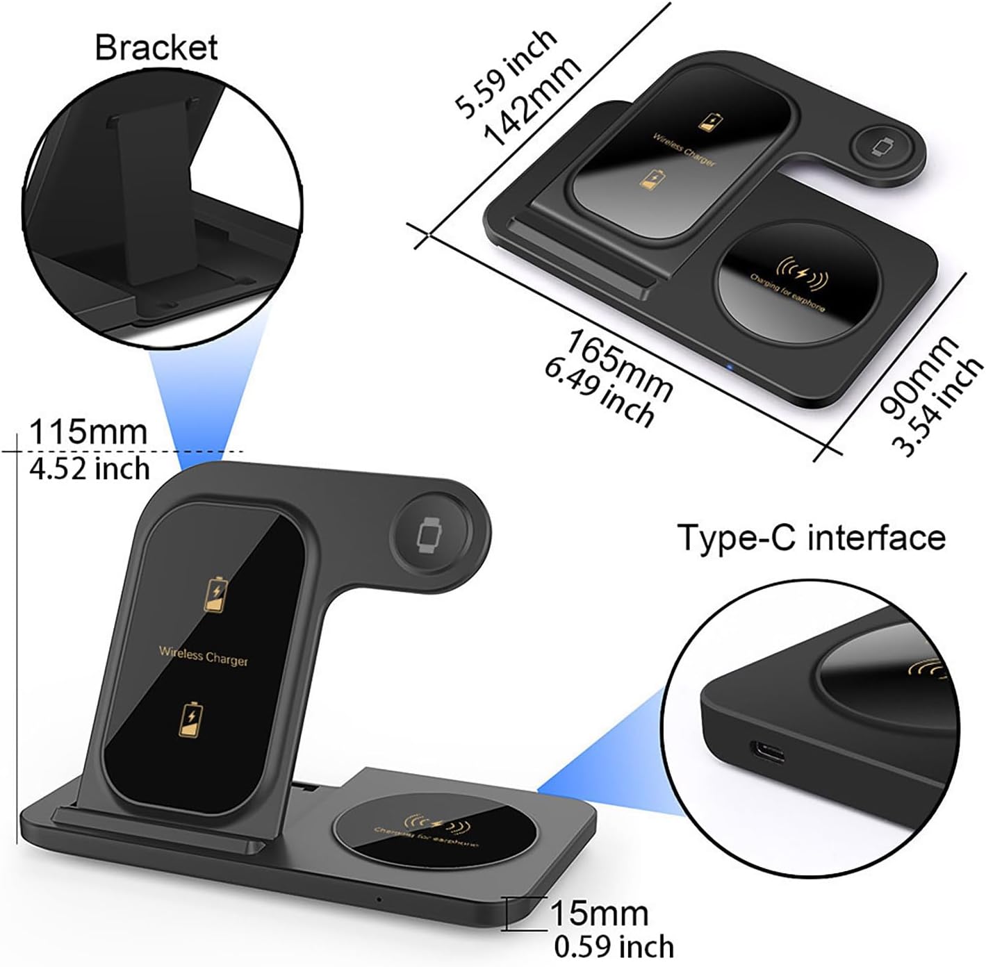 3-in-1 Wireless Charging Station Foldable 15W Fast Charger Stand Black NEW