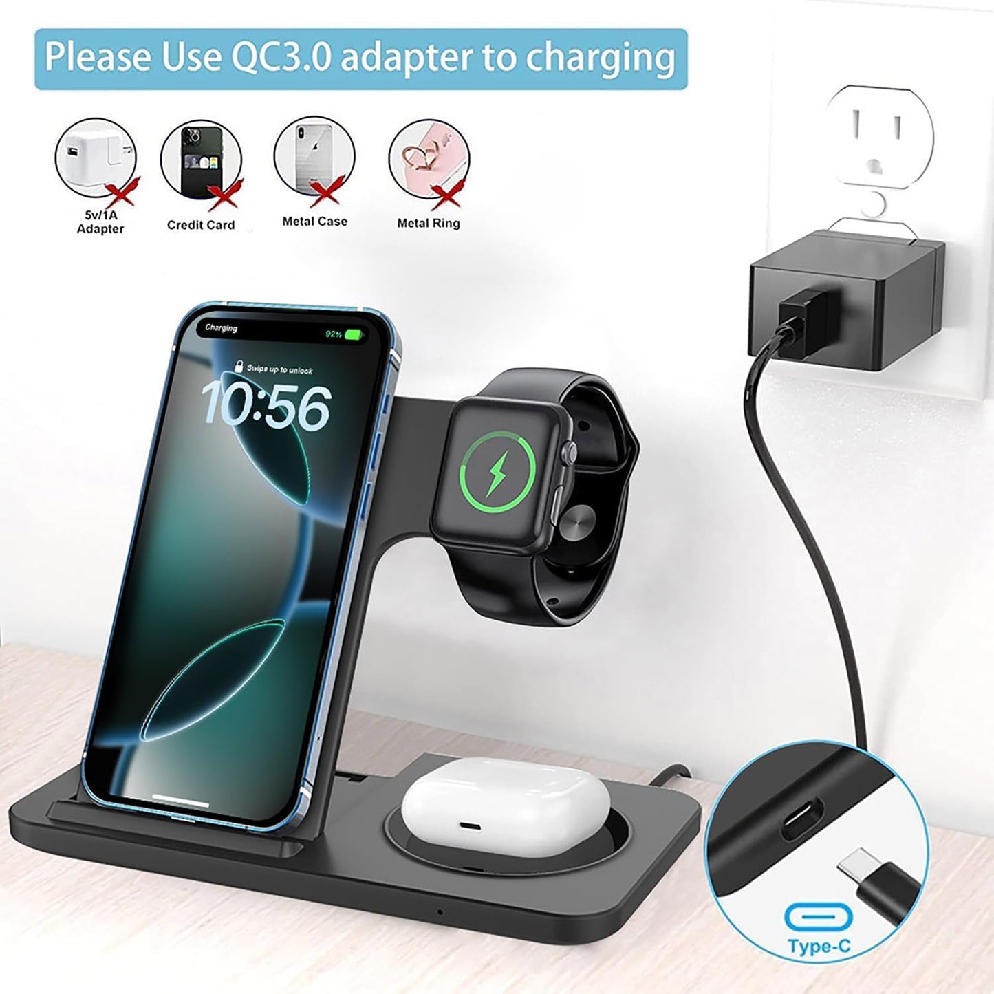 3-in-1 Wireless Charging Station Foldable 15W Fast Charger Stand Black NEW