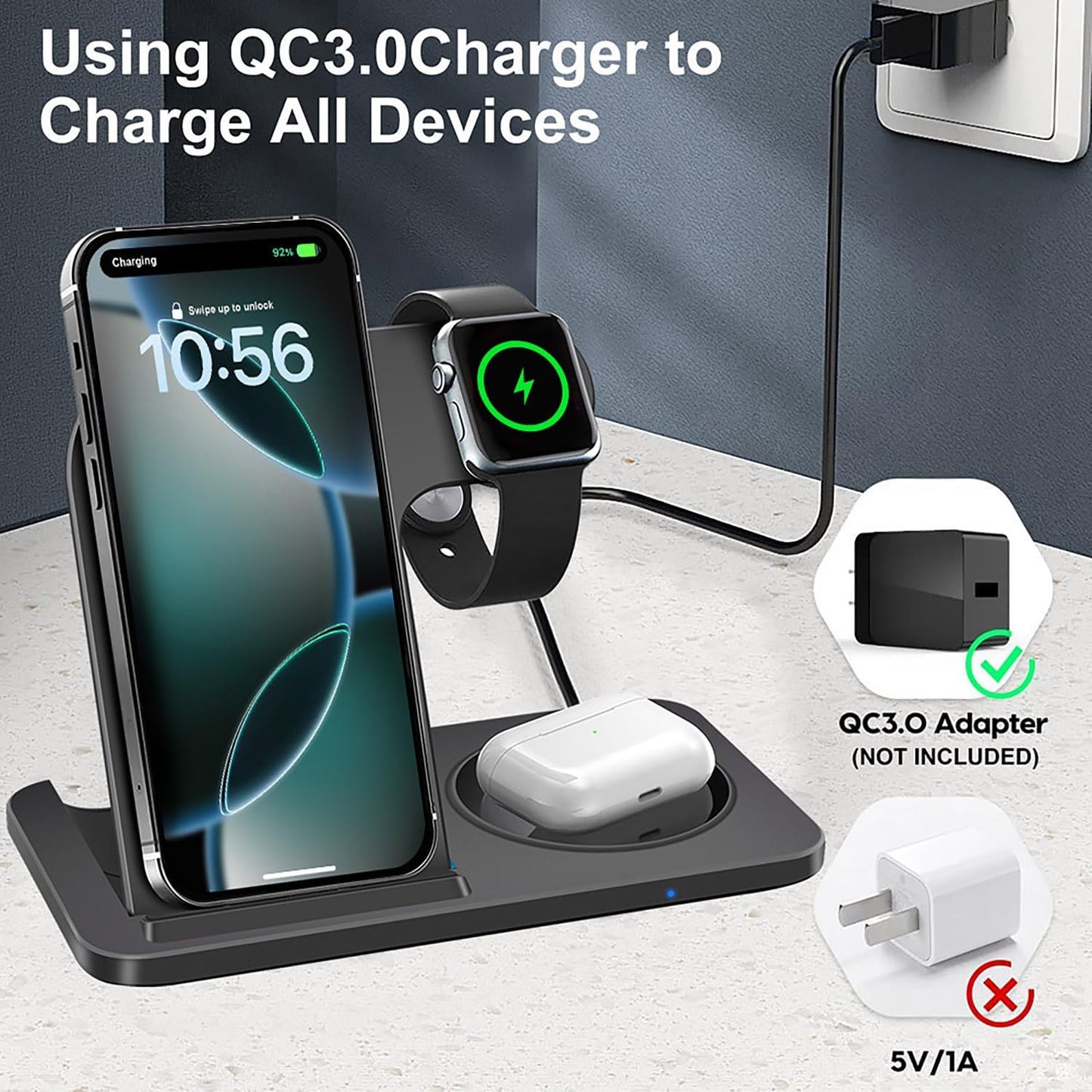 3-in-1 Wireless Charging Station Foldable 15W Fast Charger Stand Black NEW