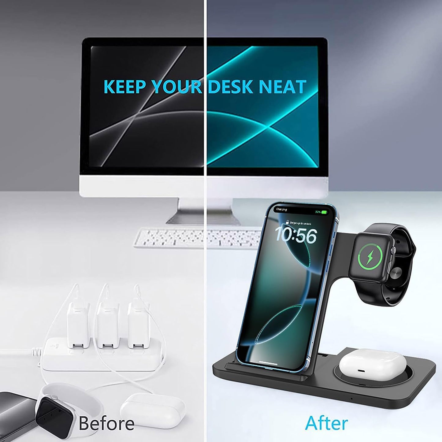 3-in-1 Wireless Charging Station Foldable 15W Fast Charger Stand Black NEW