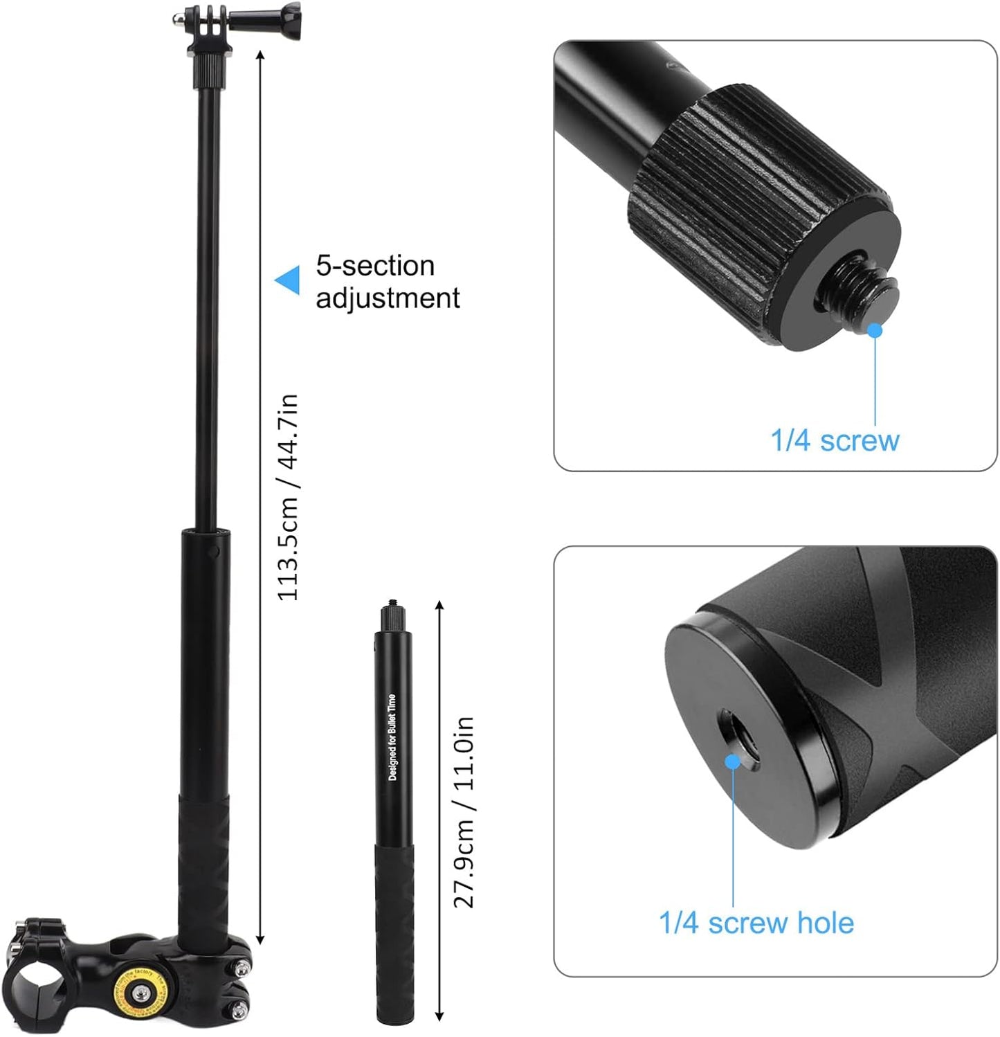 Invisible Selfie Stick Motorcycle Handlebar Mount Camera Black NEW