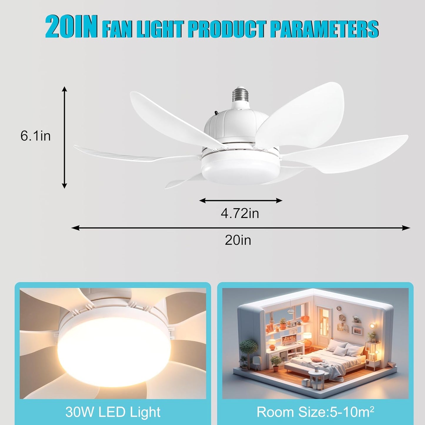 18" Portable Ceiling Fan with Light, Remote Control, Quiet White DEMO