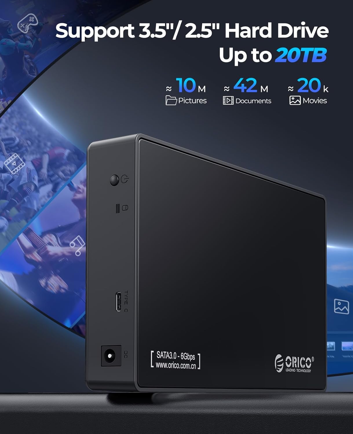 ORICO External USB-C SATA III Hard Drive Enclosure Black for Data Storage NEW