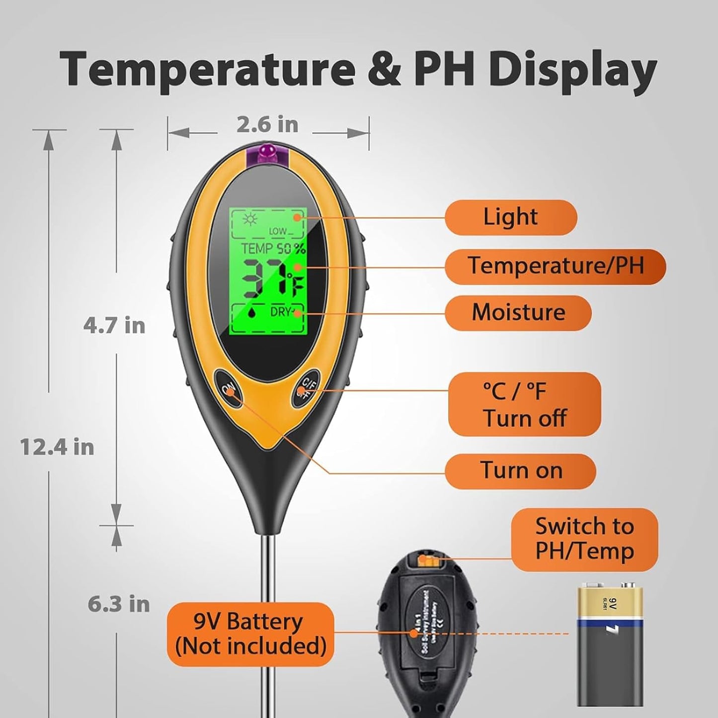 4-in-1 Soil Moisture Meter, pH Tester, Digital Gardening Tool Yellow & DEMO