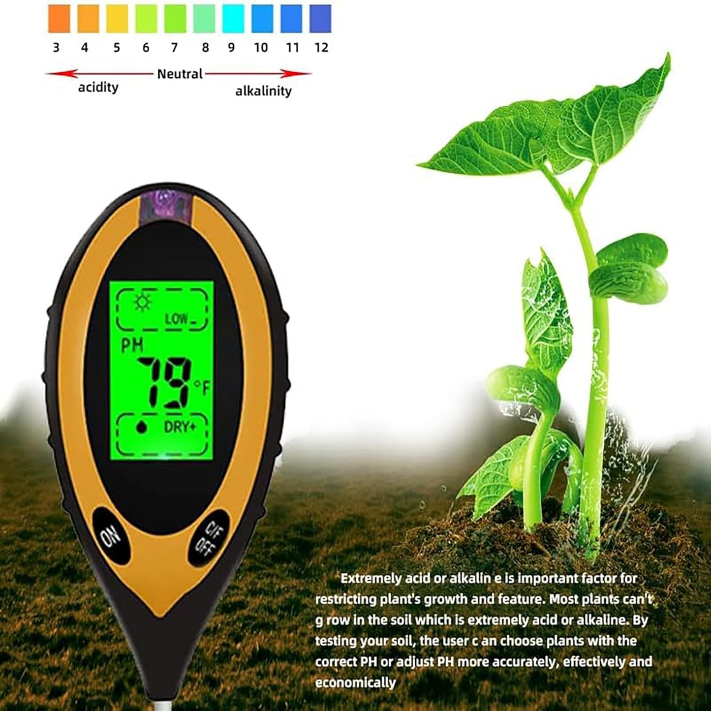 4-in-1 Soil Moisture Meter, pH Tester, Digital Gardening Tool Yellow & DEMO