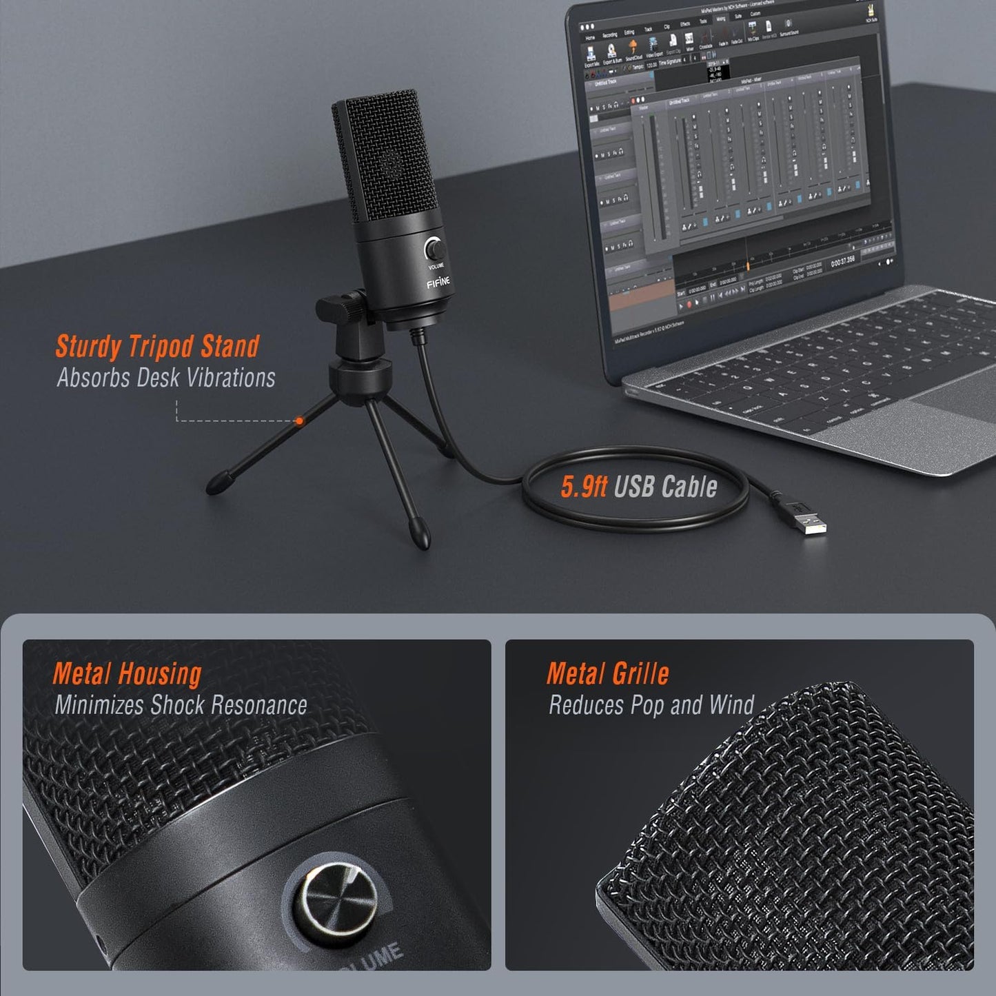 FIFINE Black Condenser USB Microphone for Mac & Windows Recording Music DEMO