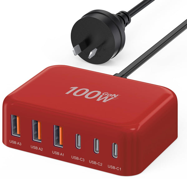 100W Portable Charging Station Hub GaN Wall Charger 6 Port Fast Rapid Red NEW