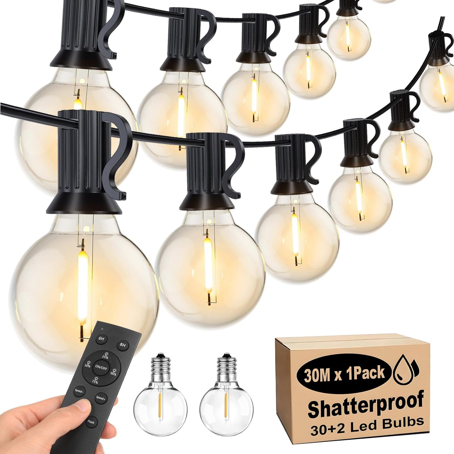 Dimmable Outdoor String Lights with Timer, Festoon Lighting, 30m Black DEMO
