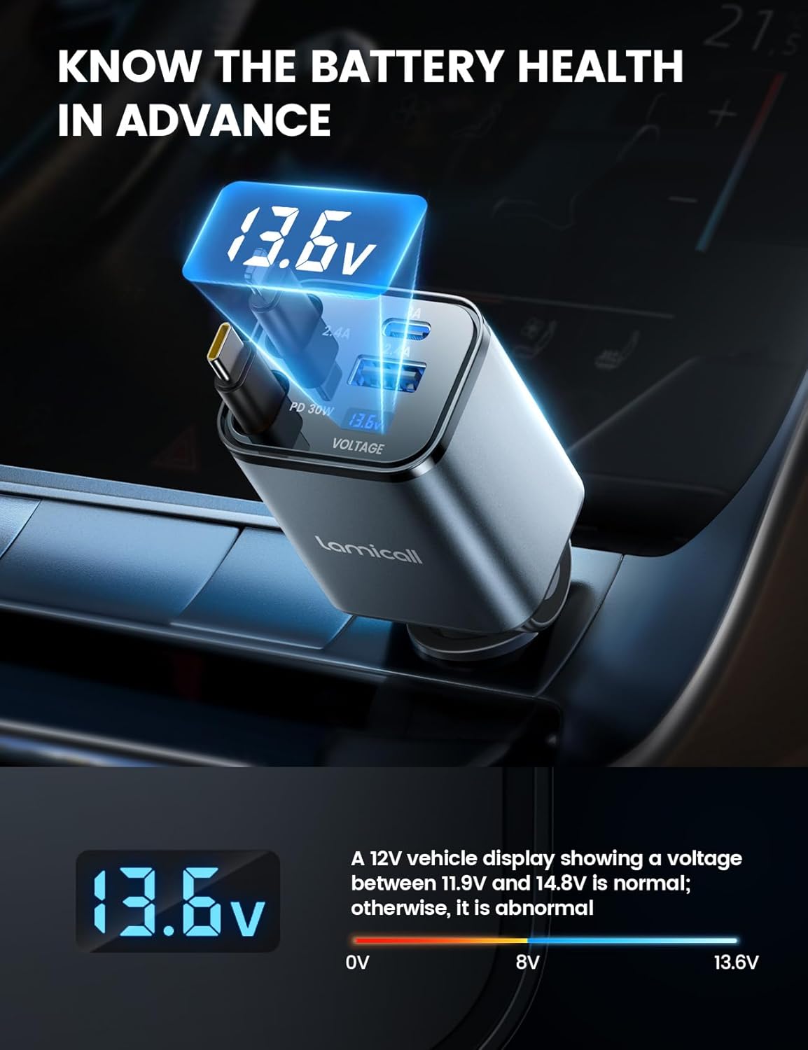 Lamicall 69W Retractable USB-C Car Charger, 4-in-1 Compact Grey Adapter NEW