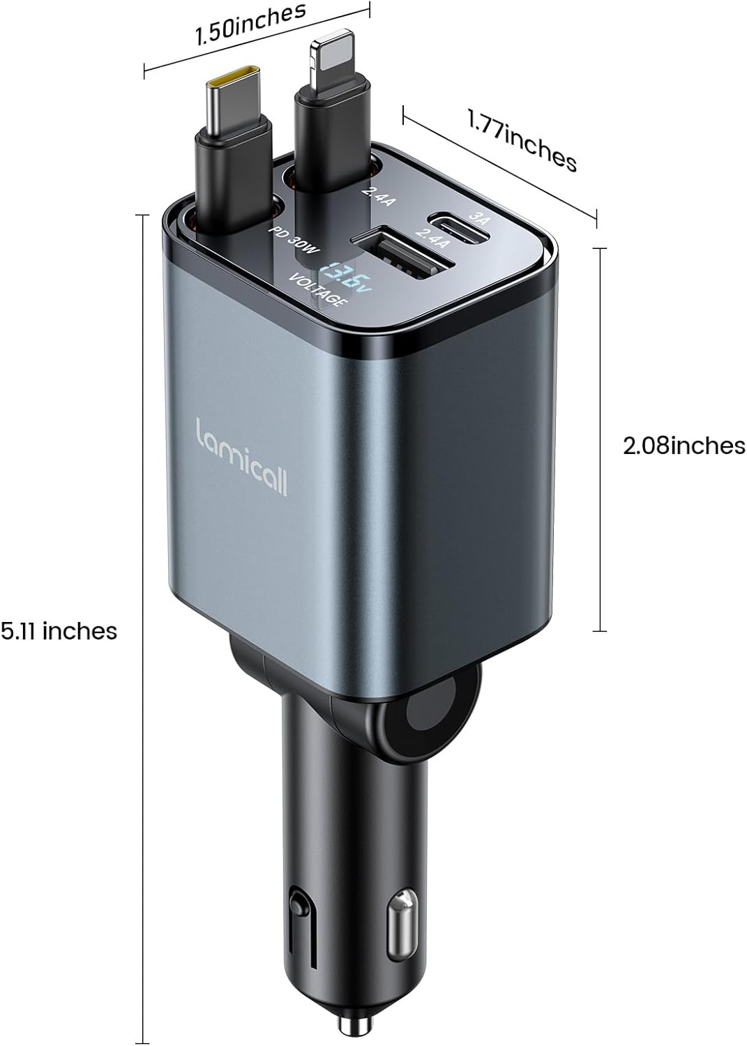 Lamicall 69W Retractable USB-C Car Charger, 4-in-1 Compact Grey Adapter NEW