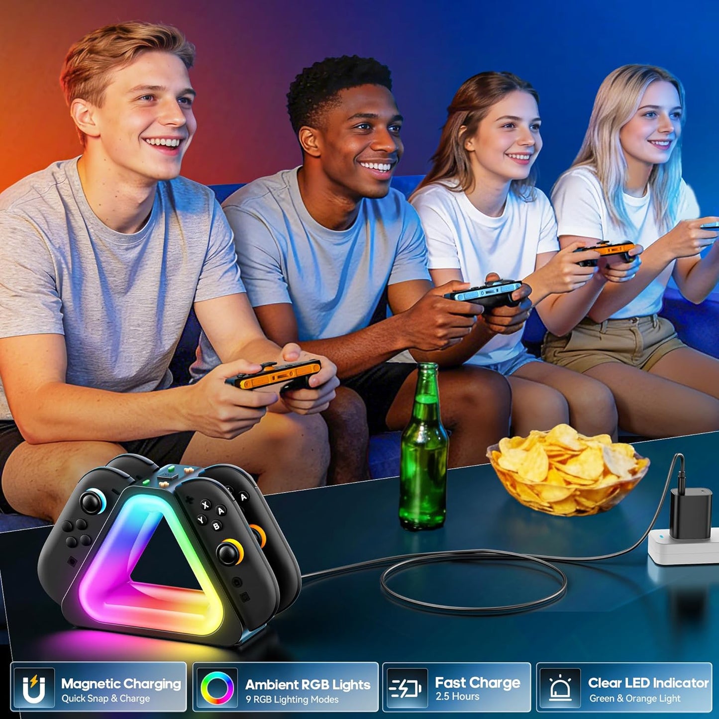 4-in-1 Magnetic Charging Dock for Nintendo Joy-Con Gaming Accessories Black NEW