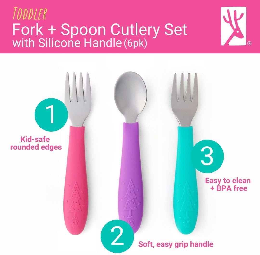 Elk and Friends Kids Soft Silicone Silverware Blush Sage Misty Cutlery Set NEW