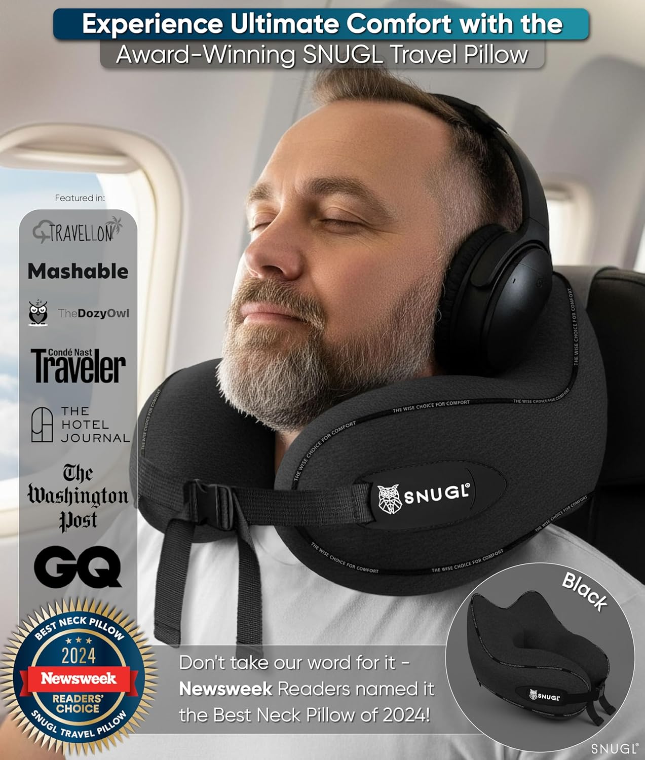 SNUGL Travel Neck Pillow Memory Foam Comfortable Compact Portable Black NEW