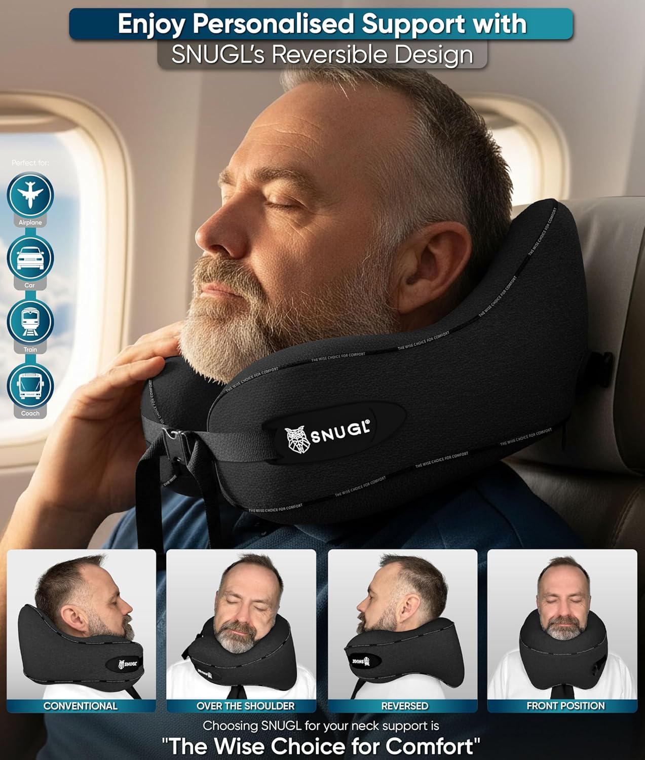 SNUGL Travel Neck Pillow Memory Foam Comfortable Compact Portable Black NEW