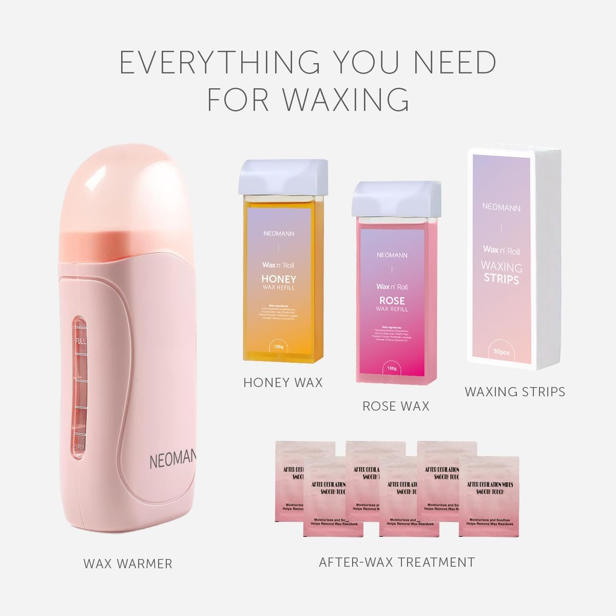 NEOMANN Roll-On Wax Hair Removal Kit with Cartridges and Strips Rose Honey DEMO