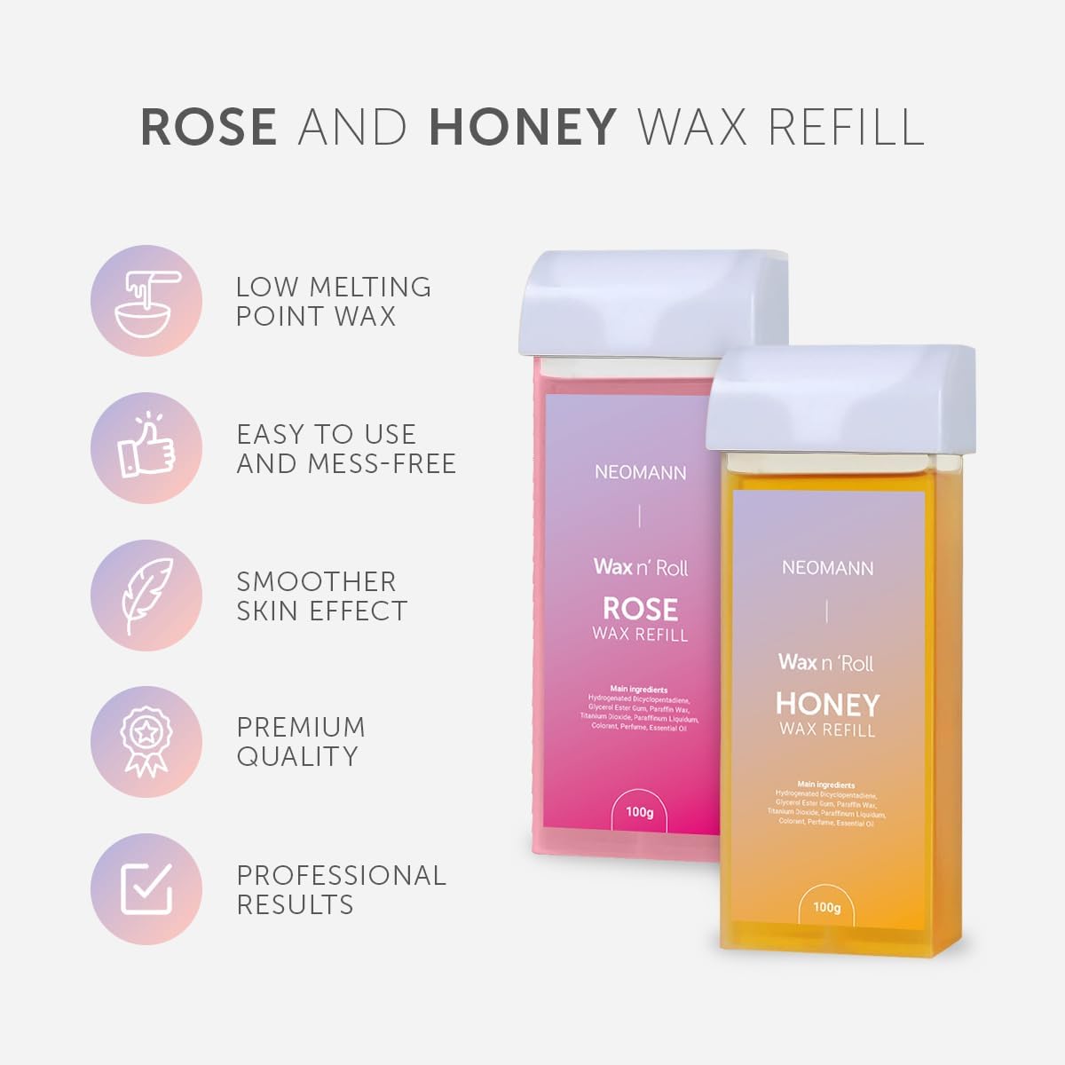 NEOMANN Roll-On Wax Hair Removal Kit with Cartridges and Strips Rose Honey DEMO