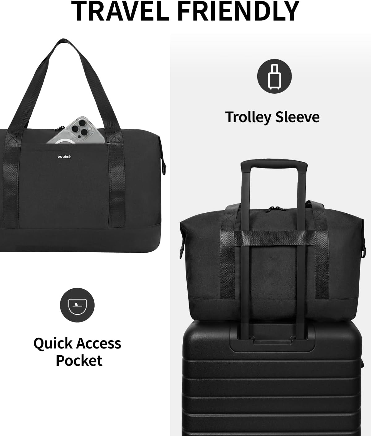 ECOHUB Foldable Travel Duffel Bag 20L Underseat Hand Luggage Black NEW
