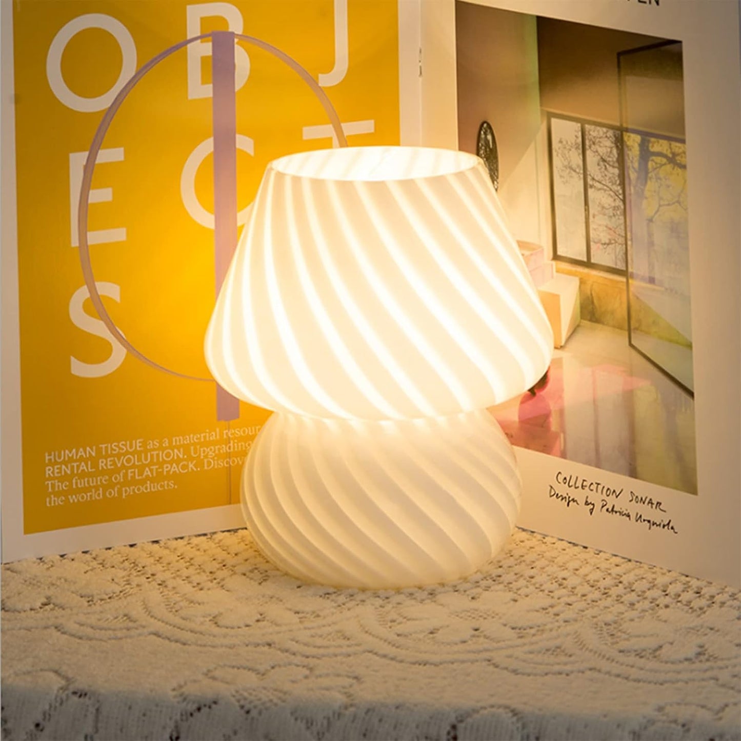 GQJC Glass Mushroom Table Lamp Aesthetic Bedside Decor Home Accent White NEW