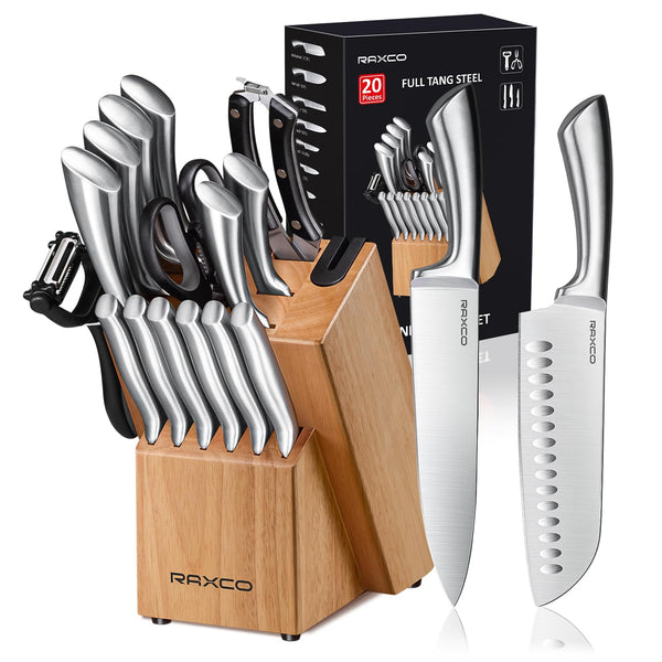 RAXCO 18-Piece Kitchen Knife Set with Steak Knives Oak Wood Block Cutlery