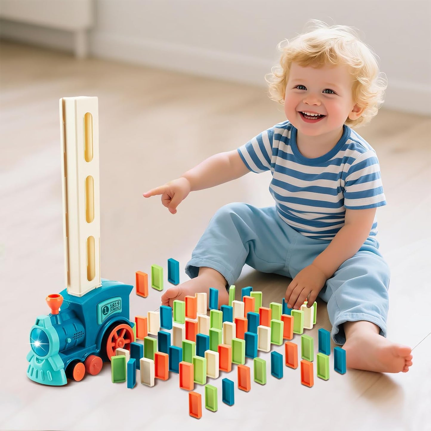 Domino Train Set Building Creative Game Cyan Size 8.5 cm x 26 20 DEMO