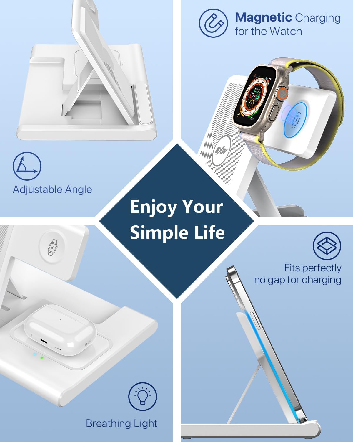 EXW White Induction Chargers 3-in-1 Wireless Charging Station for iPhone, NEW