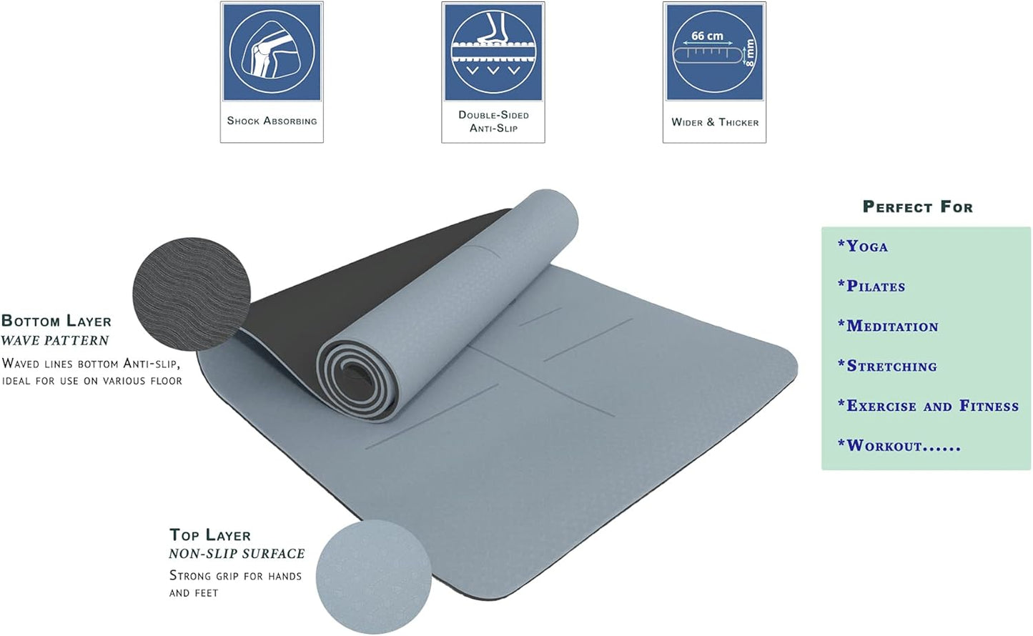 KOBONA Eco Mats Friendly TPE Yoga Mat with Strap Large Wide 8mm Extra Thick NEW