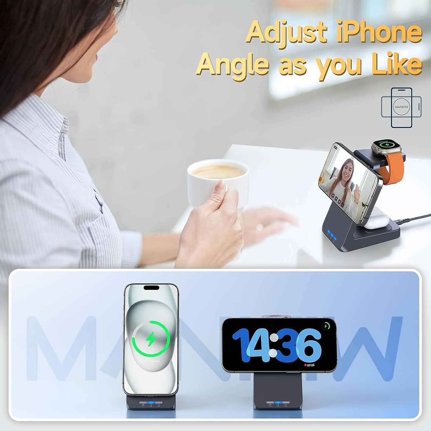 MANKIW 3-in-1 Induction Chargers Charging Station for Apple Watch, iPhone NEW