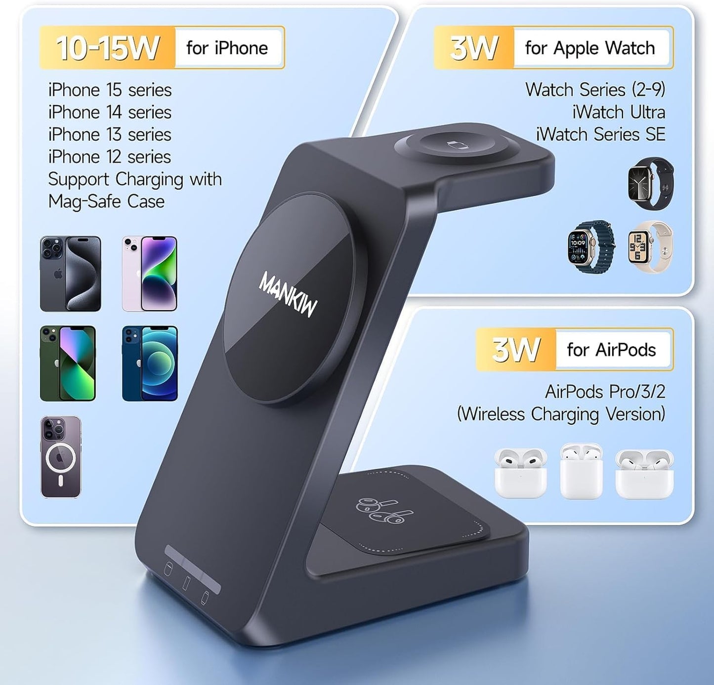 MANKIW 3-in-1 Induction Chargers Charging Station for Apple Watch, iPhone NEW