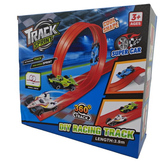 HOUSYLOVE 360° Rotating DIY Racing Track Starter Set, 3.9m Length, Vehicles DEMO