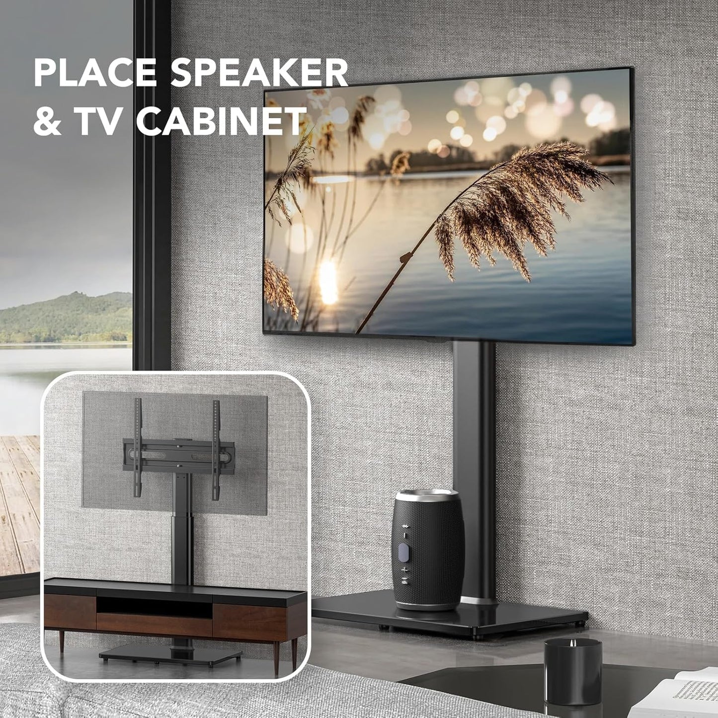 AX WABER Universal TV Stand with 80 Degree Swivel Height Adjustable Black NEW