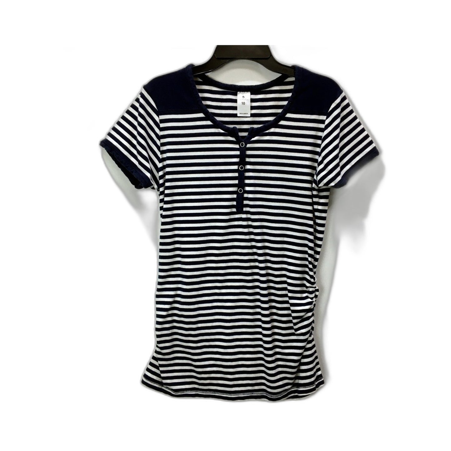 Bub020 Womens Striped Henley Shirt Navy and White Casual Cotton Size 10