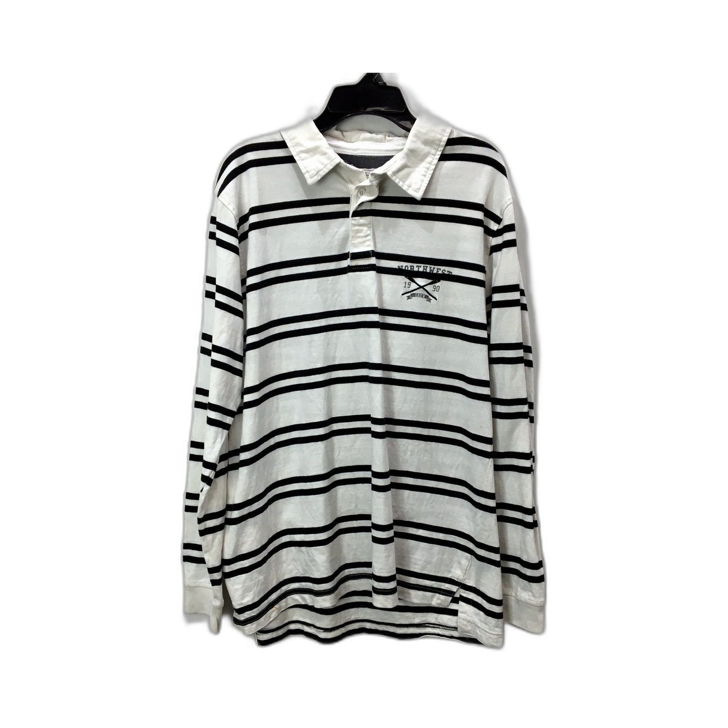 Rivers Mens Striped Rugby Shirt, Casual Cotton Top in White & Black, Small
