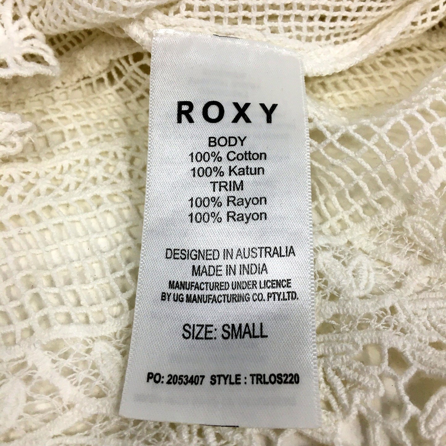 Roxy Womens Crochet Tank Top with Lace Trim in Cream, Size Small