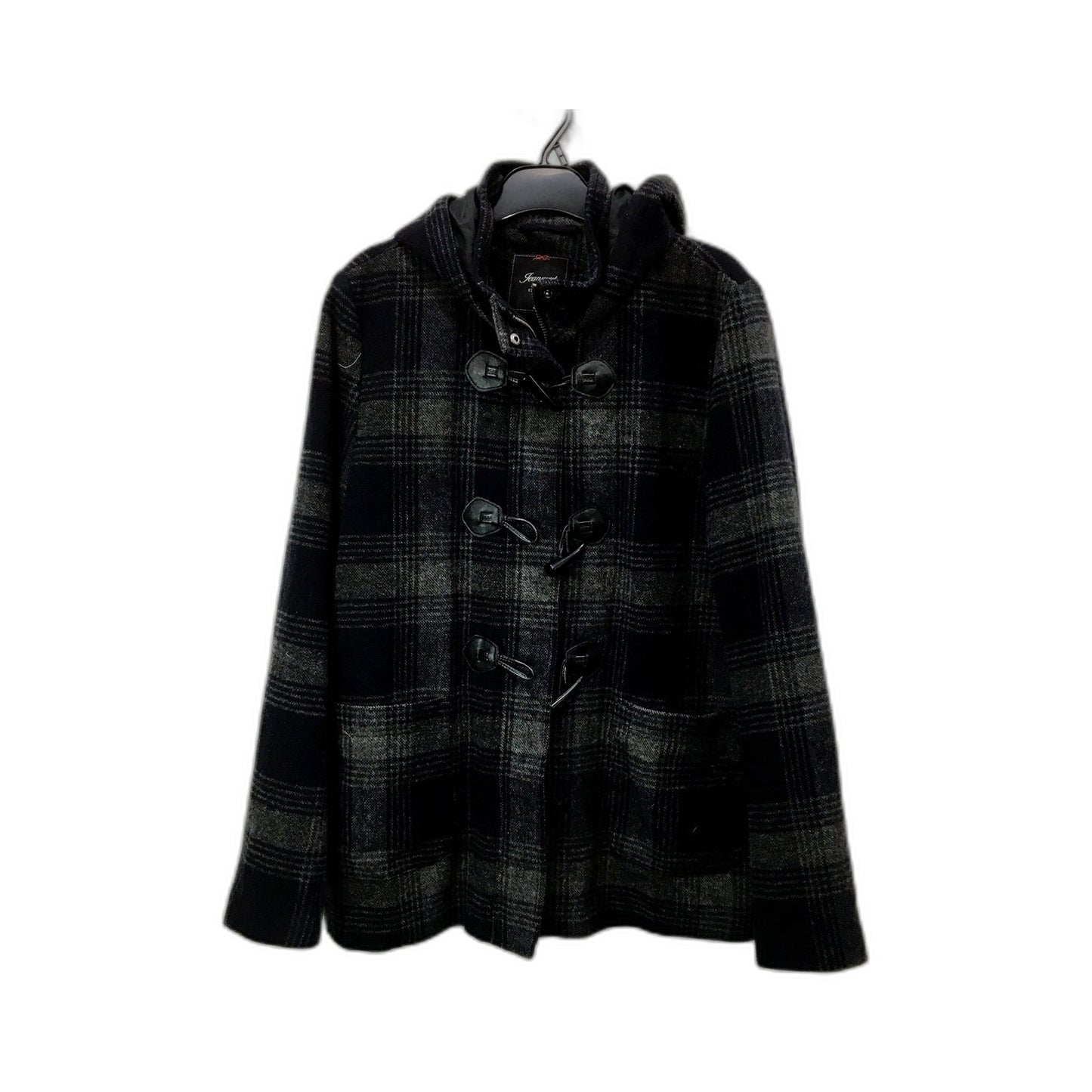 Jeanster Womens Plaid Wool Blend Jacket Toggle Button Hooded Black Gray Size 14