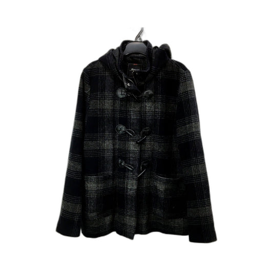 Jeanster Womens Plaid Wool Blend Jacket Toggle Button Hooded Black Gray Size 14