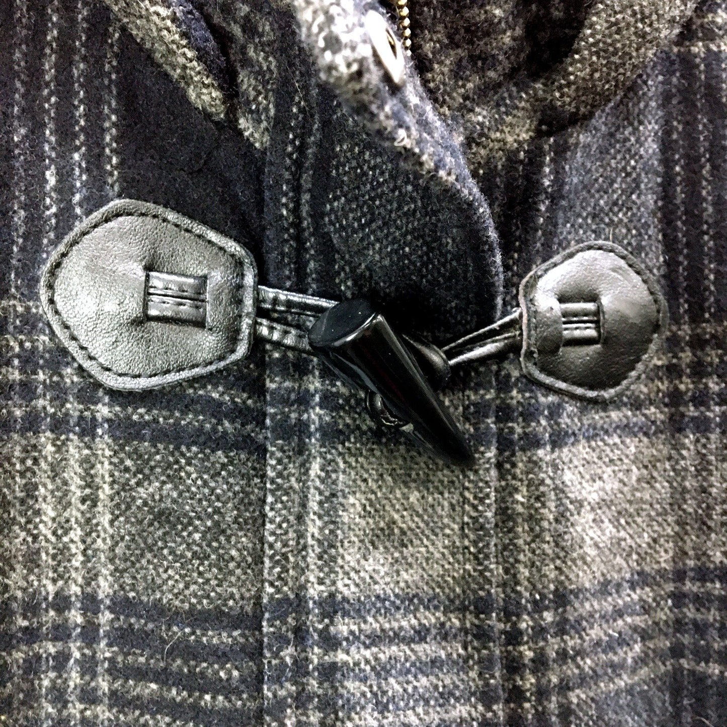 Jeanster Womens Plaid Wool Blend Jacket Toggle Button Hooded Black Gray Size 14