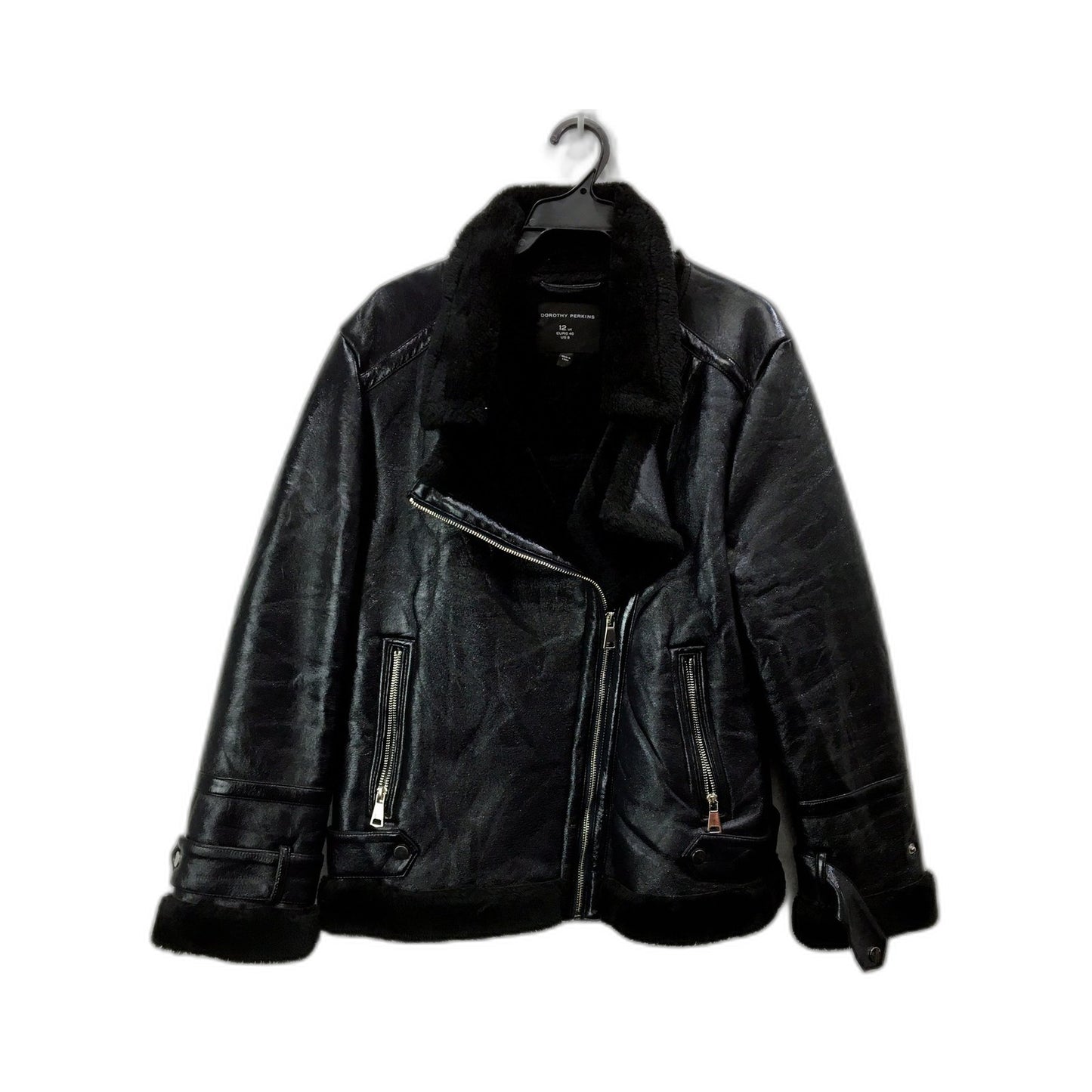 Dorothy Perkins Womens Faux Leather Moto Jacket Asymmetric Zip Black Size 12