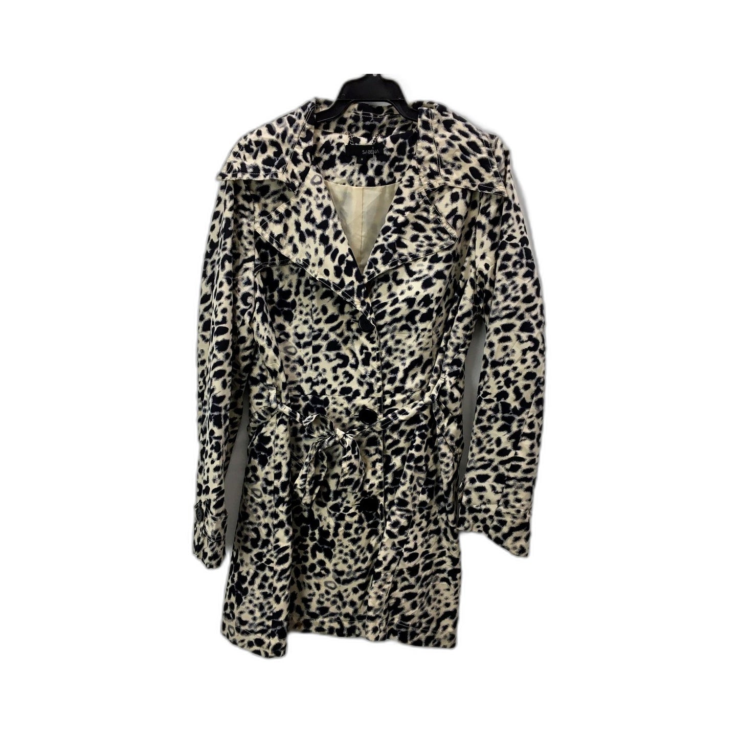Sabena Womens Leopard Print Trench Coat Belted Polyester Black Beige Size 14