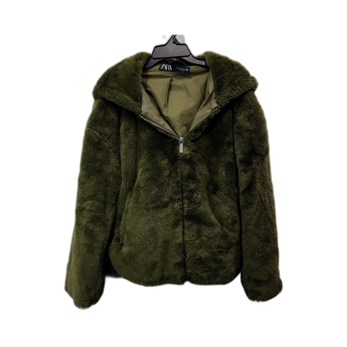 Zara Womens Faux Fur Jacket Faux Fur Hooded Jacket in Olive Green, Small Size